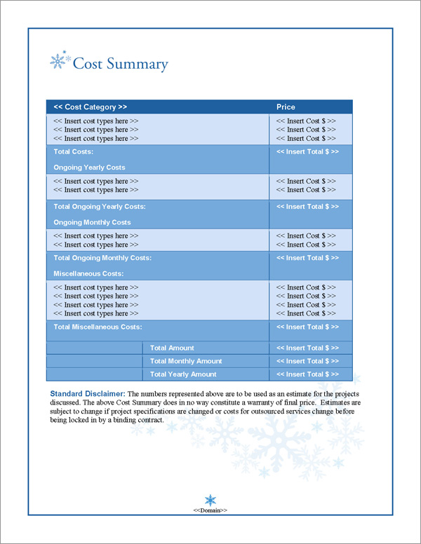 Proposal Pack Outdoors #3 Cost Summary Page