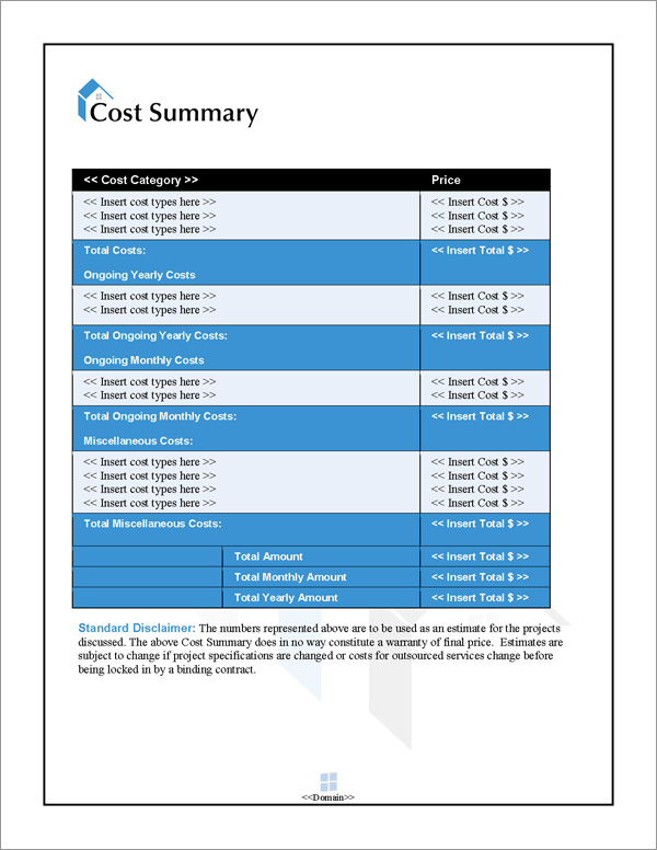 Proposal Pack Real Estate #4 Cost Summary Page