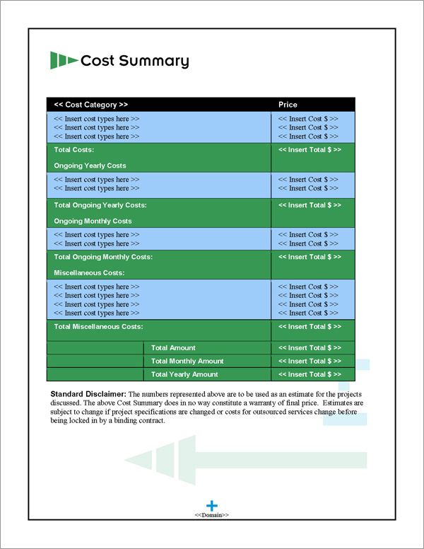 Proposal Pack Electrical #3 Cost Summary Page