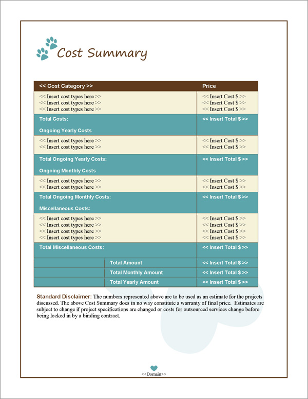 Proposal Pack Animals #4 Cost Summary Page