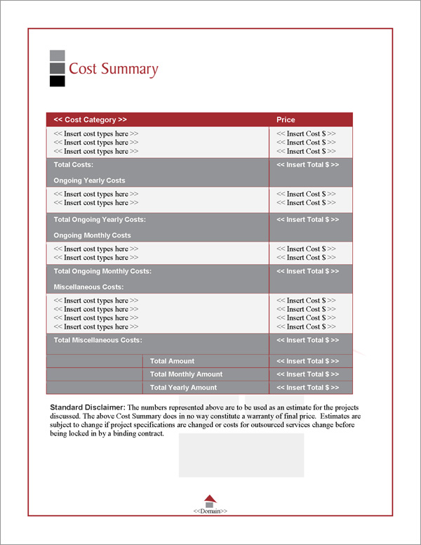 Proposal Pack Architecture #1 Cost Summary Page Proposal Pack Architecture #1 Cost Summary Page
