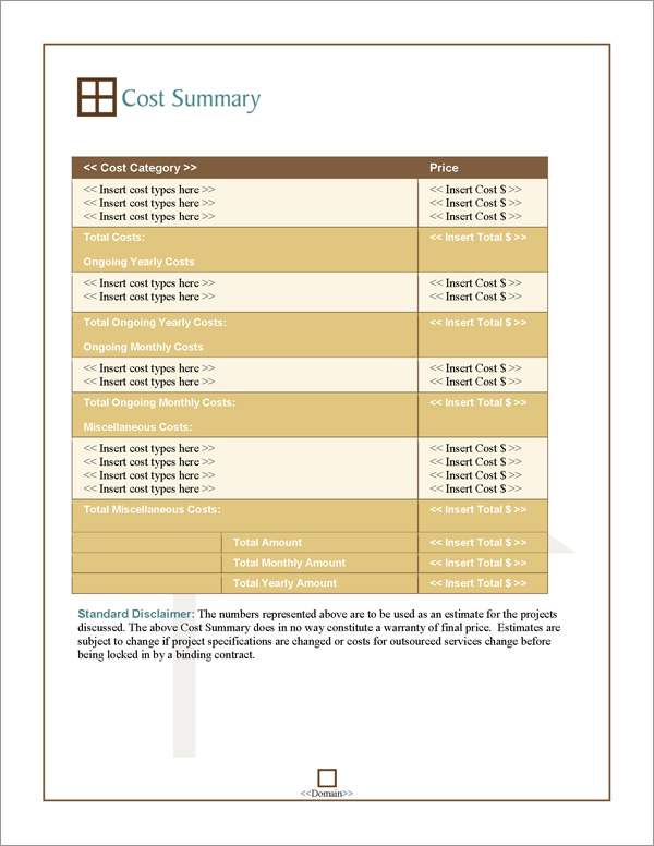 Proposal Pack Architecture #2 Cost Summary Page