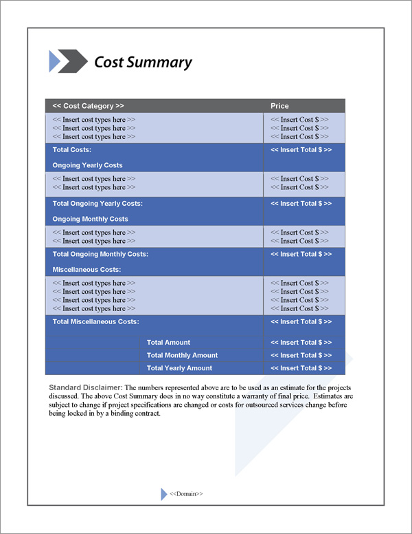 Proposal Pack Classic #15 Cost Summary Page