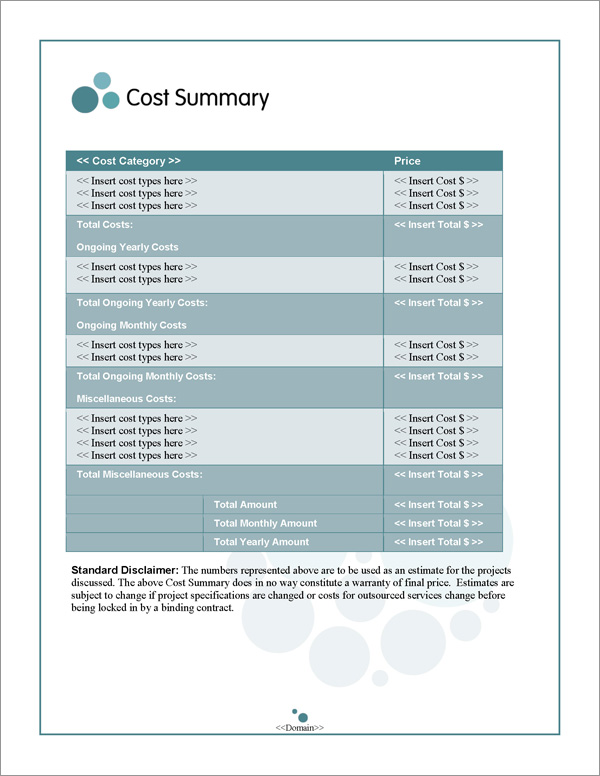 Proposal Pack Aqua #3 Cost Summary Page