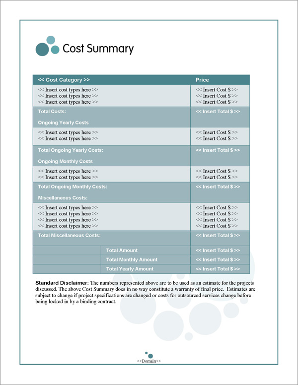 Proposal Pack Aqua #3 Cost Summary Page Proposal Pack Aqua #3 Cost Summary Page