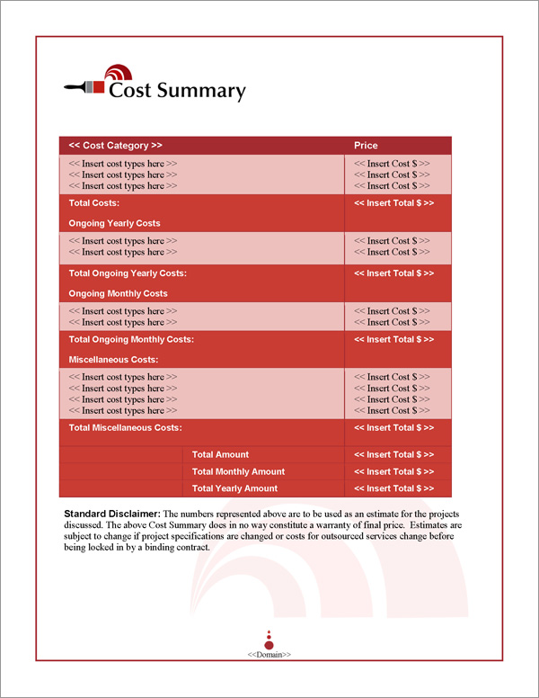 Proposal Pack Painter #2 Cost Summary Page