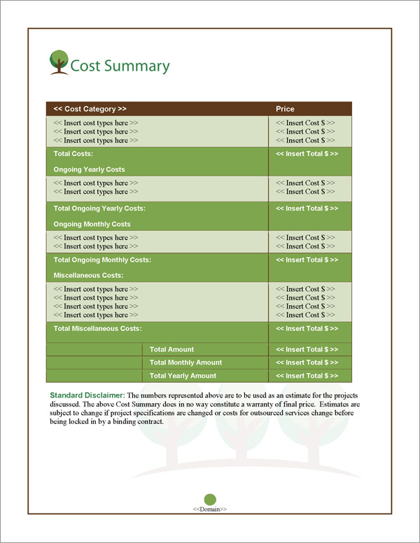 Proposal Pack Nature #6 Cost Summary Page