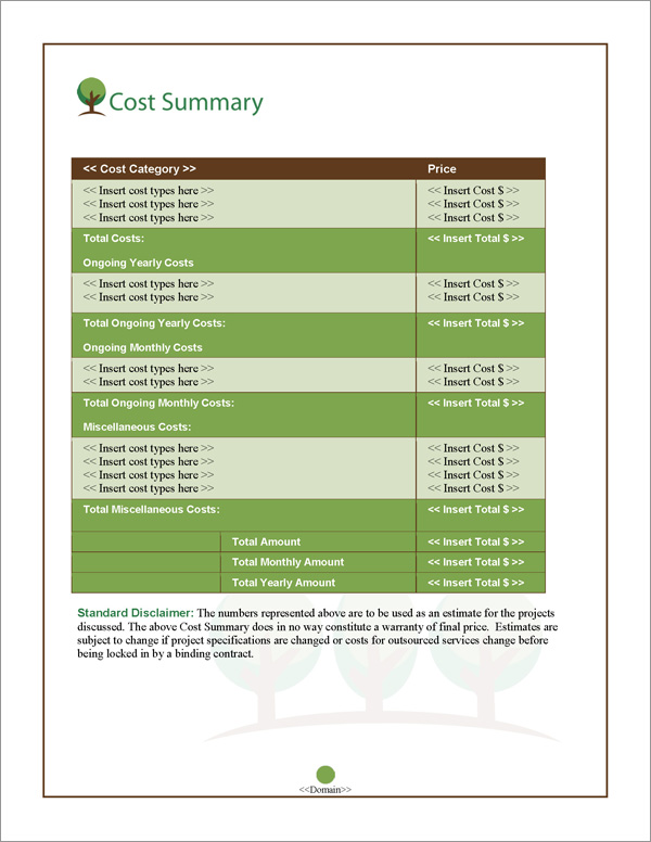 Proposal Pack Nature #6 Cost Summary Page Proposal Pack Nature #6 Cost Summary Page