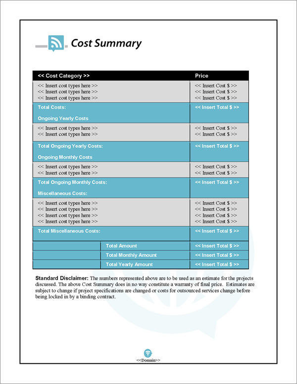 Proposal Pack Web #2 Cost Summary Page