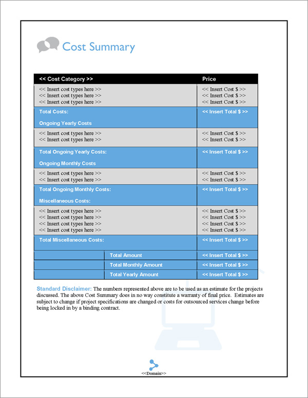 Proposal Pack Web #3 Cost Summary Page