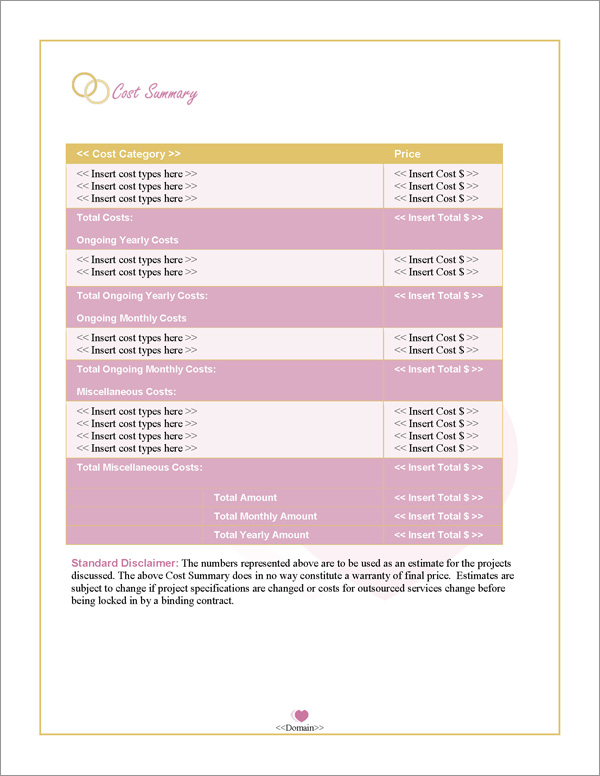 Proposal Pack Wedding #3 Cost Summary Page