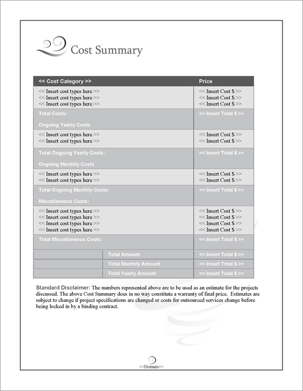 Proposal Pack Concepts #13 Cost Summary Page