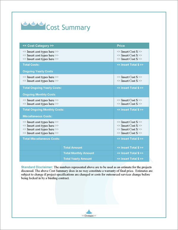 Proposal Pack Aqua #4 Cost Summary Page Proposal Pack Aqua #4 Cost Summary Page