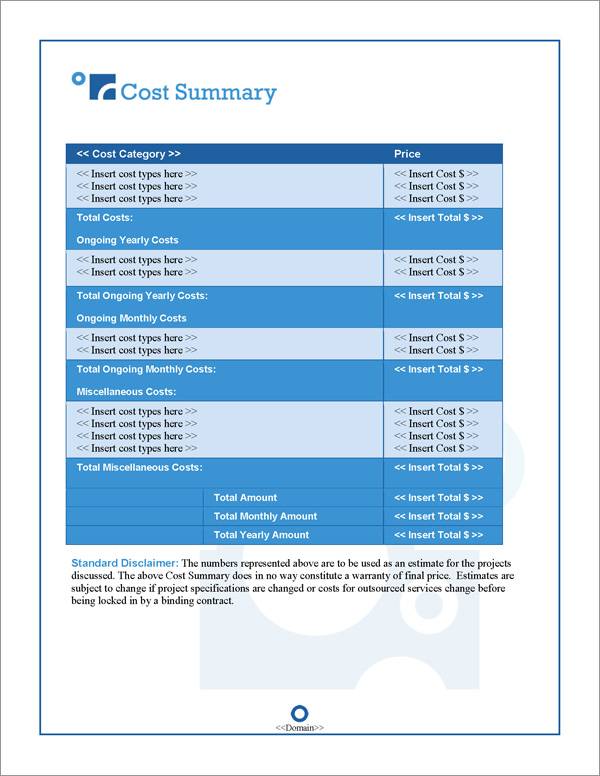 Proposal Pack Bubbles #2 Cost Summary Page