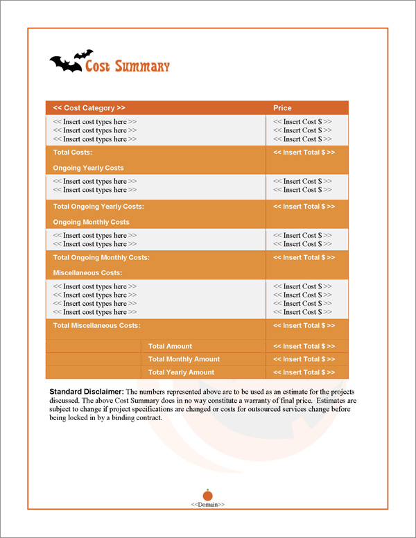 Proposal Pack Seasonal #1 Cost Summary Page