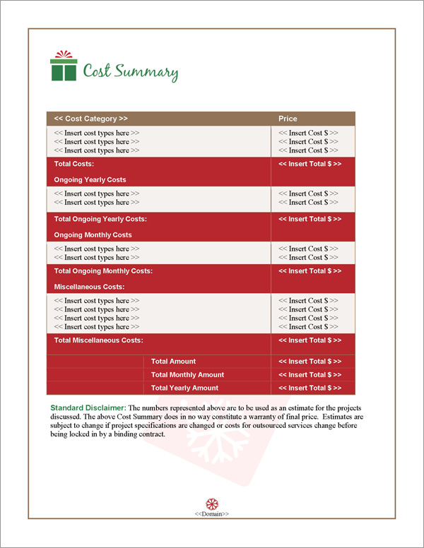 Proposal Pack Seasonal #2 Cost Summary Page