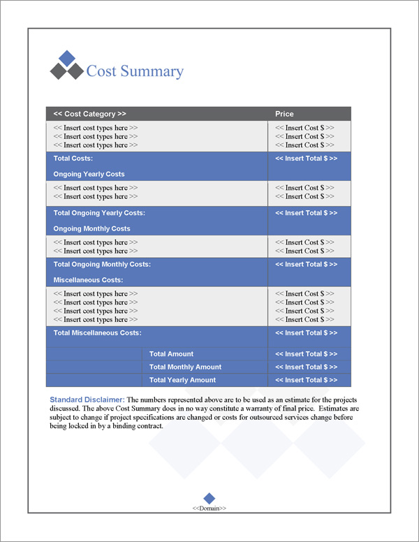 Proposal Pack Classic #17 Cost Summary Page