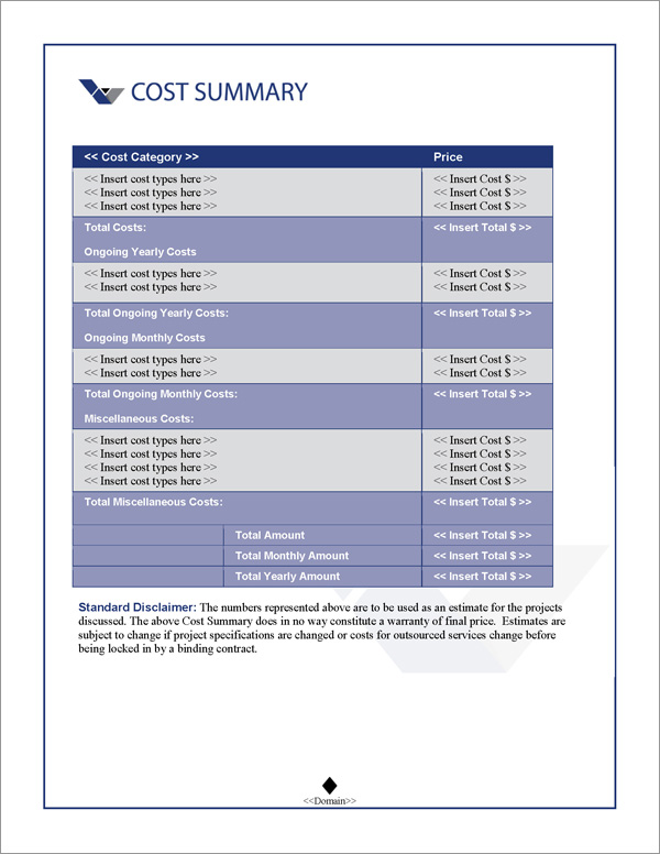 Proposal Pack Business #19 Cost Summary Page