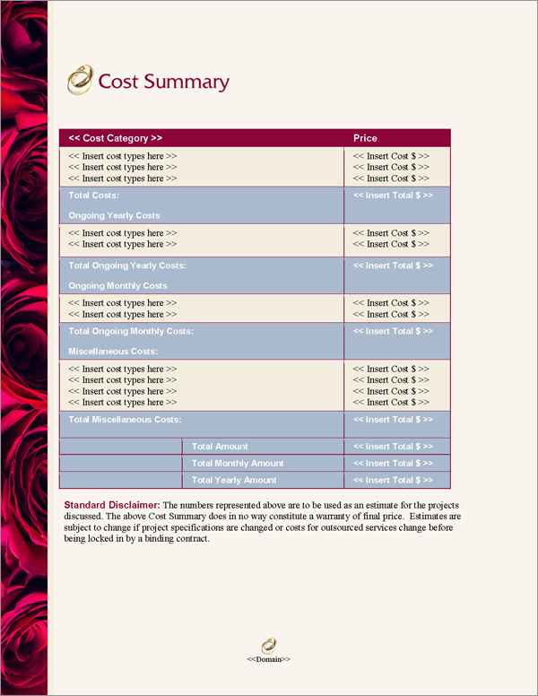 Proposal Pack Wedding #4 Cost Summary Page