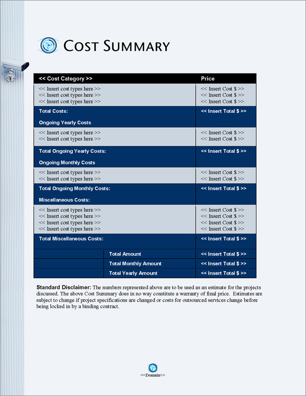 Proposal Pack Security #8 Cost Summary Page Proposal Pack Security #8 Cost Summary Page
