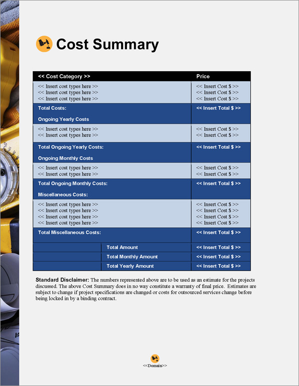Proposal Pack Construction #5 Cost Summary Page