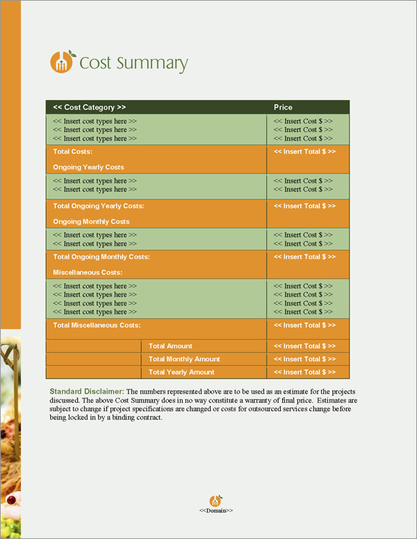 Proposal Pack Catering #1 Cost Summary Page