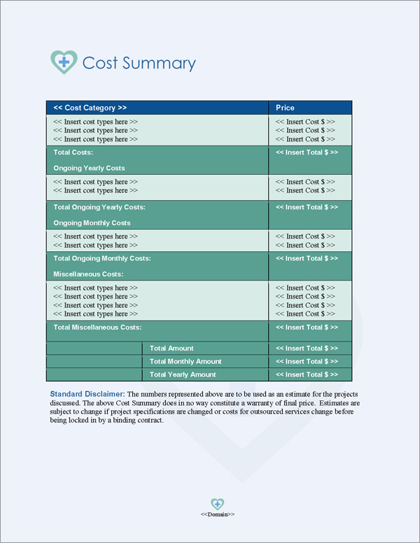 Proposal Pack Healthcare #3 Cost Summary Page