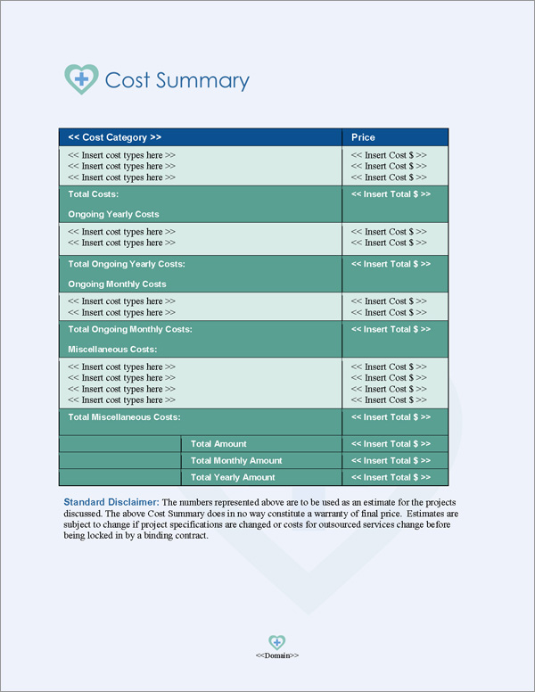 Proposal Pack Healthcare #3 Cost Summary Page Proposal Pack Healthcare #3 Cost Summary Page