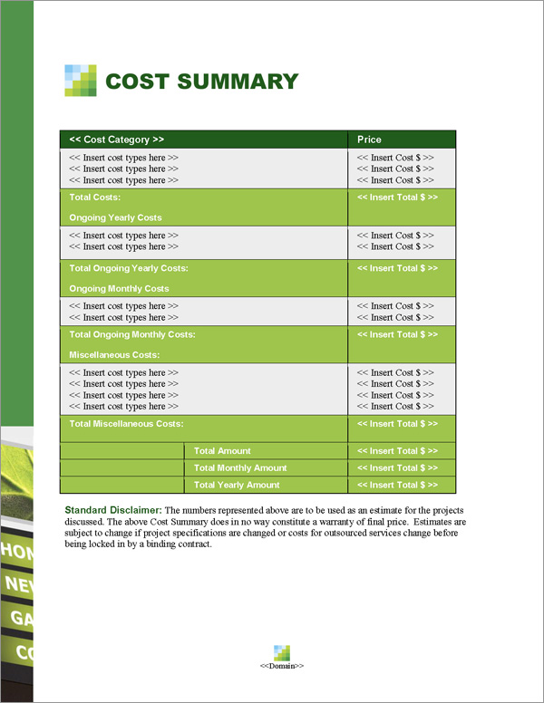 Proposal Pack Web #4 Cost Summary Page