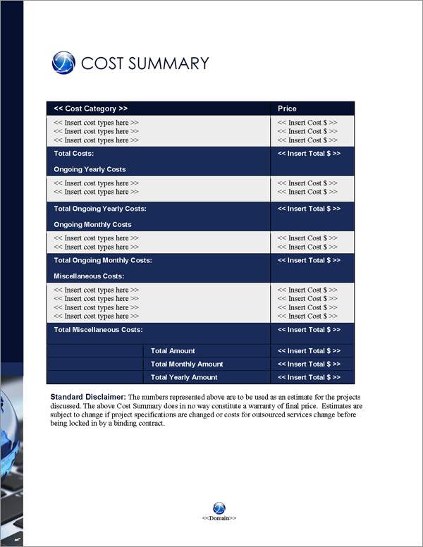 Proposal Pack Global #4 Cost Summary Page Proposal Pack Global #4 Cost Summary Page