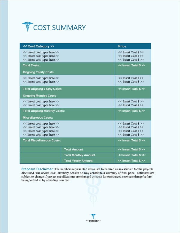 Proposal Pack Medical #7 Cost Summary Page Proposal Pack Medical #7 Cost Summary Page