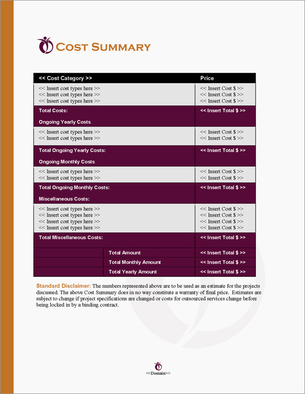 Proposal Pack Sports #6 Cost Summary Page
