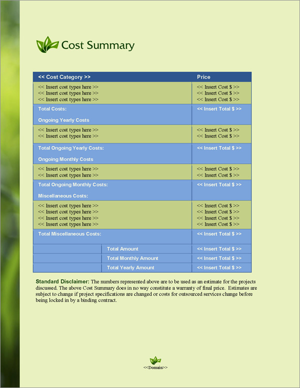 Proposal Pack Environmental #4 Cost Summary Page Proposal Pack Environmental #4 Cost Summary Page