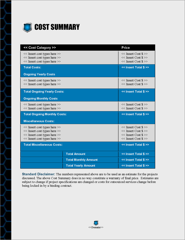 Proposal Pack Security #9 Cost Summary Page Proposal Pack Security #9 Cost Summary Page