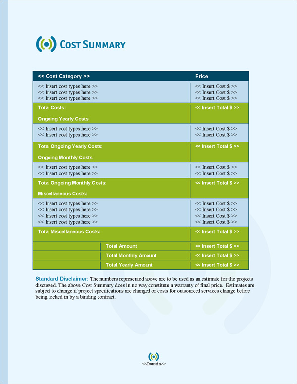 Proposal Pack Telecom #3 Cost Summary Page