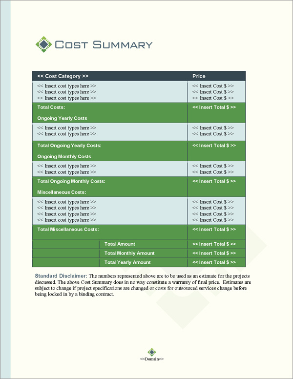 Proposal Pack Tech #8 Cost Summary Page