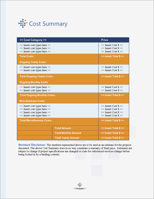 Proposal Pack Software #1 Cost Summary Page