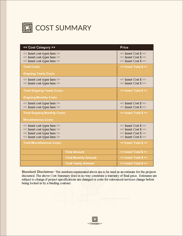 Proposal Pack Architecture #3 Cost Summary Page
