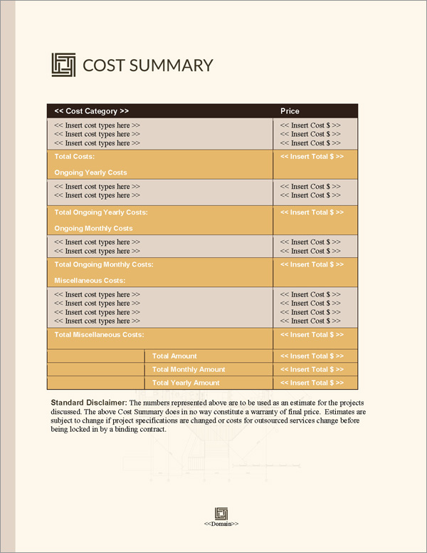 Proposal Pack Architecture #3 Cost Summary Page Proposal Pack Architecture #3 Cost Summary Page