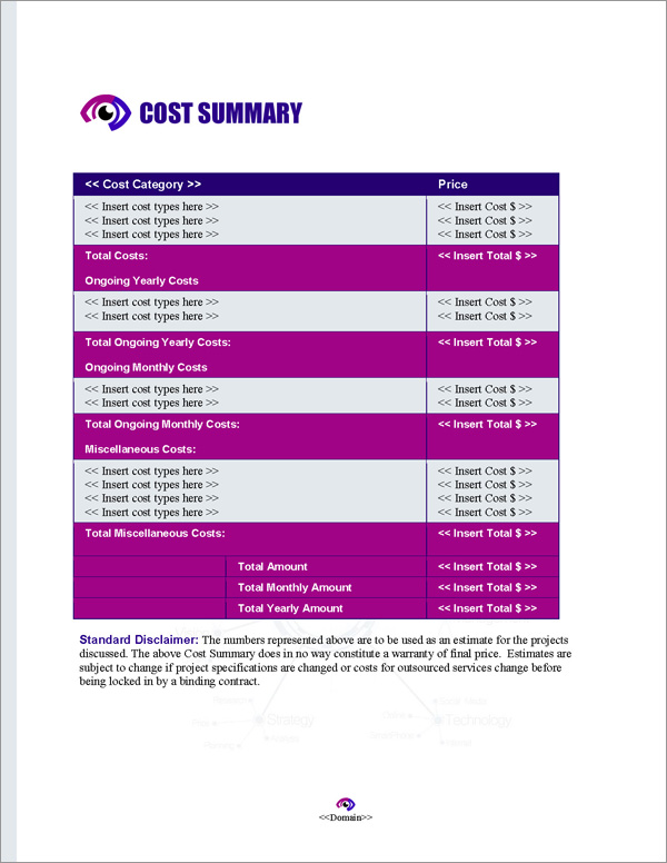 Proposal Pack Marketing #1 Cost Summary Page