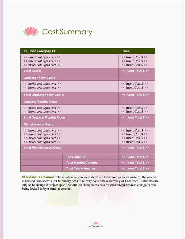 Proposal Pack Hospitality #2 Cost Summary Page Proposal Pack Hospitality #2 Cost Summary Page
