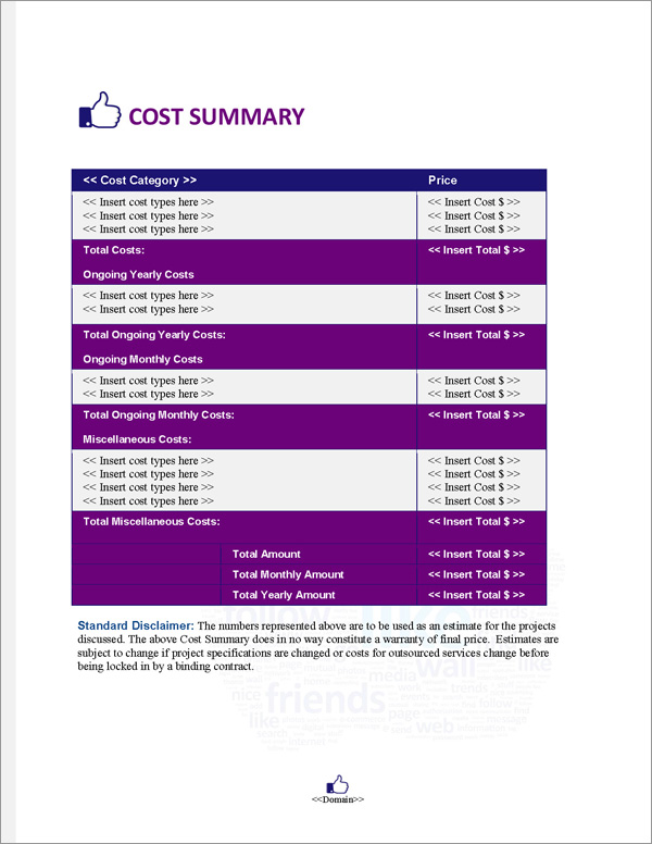 Proposal Pack Social Media #1 Cost Summary Page