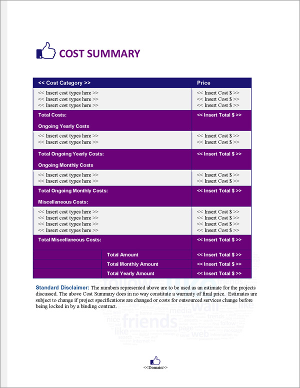 Proposal Pack Social Media #1 Cost Summary Page Proposal Pack Social Media #1 Cost Summary Page