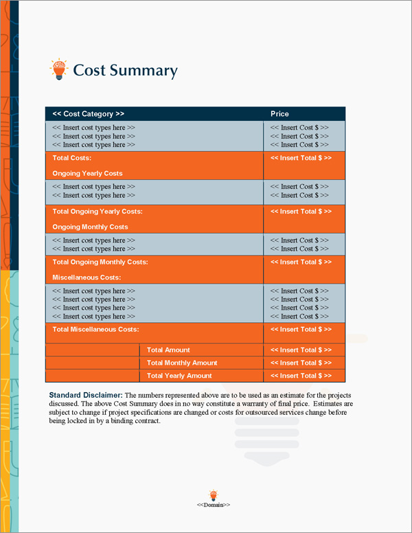 Proposal Pack Education #3 Cost Summary Page Proposal Pack Education #3 Cost Summary Page
