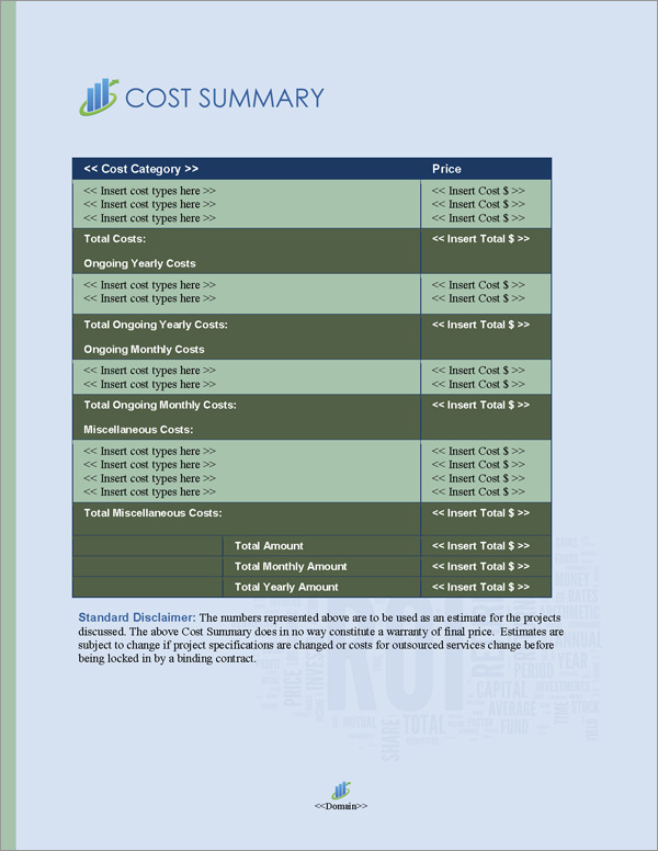 Proposal Pack Financial #4 Cost Summary Page