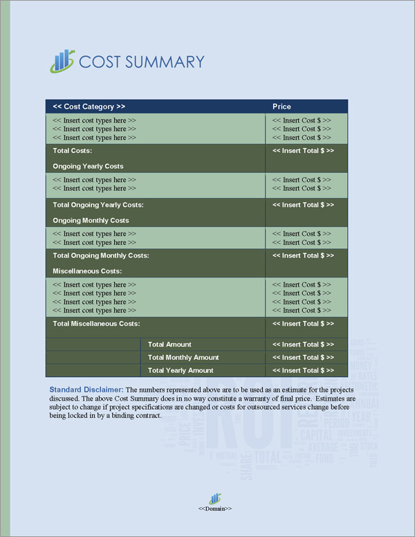 Proposal Pack Financial #4 Cost Summary Page Proposal Pack Financial #4 Cost Summary Page