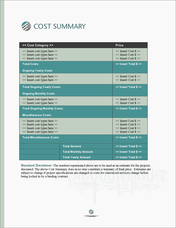 Proposal Pack Accounting #1 Cost Summary Page Proposal Pack Accounting #1 Cost Summary Page