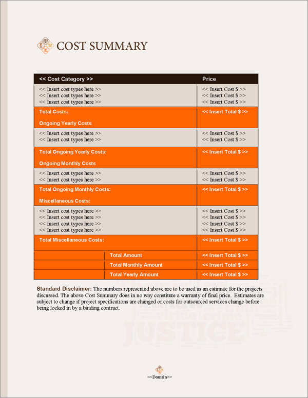 Proposal Pack Justice #2 Cost Summary Page Proposal Pack Justice #2 Cost Summary Page