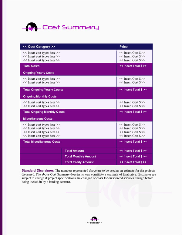 Proposal Pack Events #5 Cost Summary Page Proposal Pack Events #5 Cost Summary Page