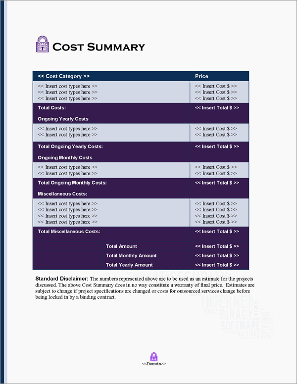 Proposal Pack Security #10 Cost Summary Page Proposal Pack Security #10 Cost Summary Page